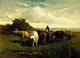 Horseback Canvas Paintings - man on horseback, woman on foot driving cattle